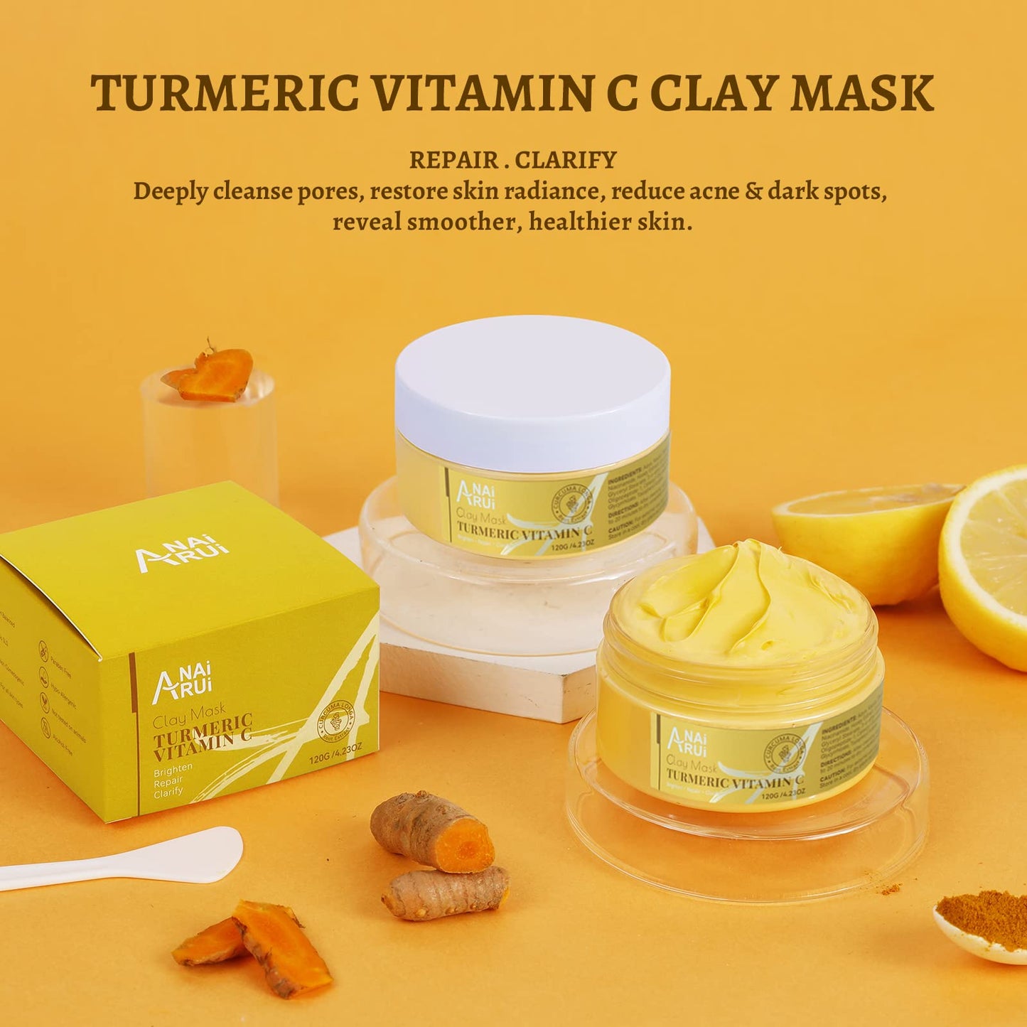 ANAiRUi Turmeric Vitamin C Clay Mask With Turmeric, Vitamin C and Kaolin clay, for Deeply Cleansing and Hydrating, Reduce Acne, Dark Spots, Blackheads, and Pores, Skincare Mask, 120g