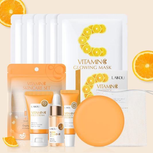 LAIKOU Skincare Set, Vitamin C Face Care Sets & Kits, Face Cream,Serum,Eye Cream,Handmade Soap & Sheet Masks, Hydrating, Brightening & Anti Aging for Radiant Skin Gift Set for Women Teenage Girls