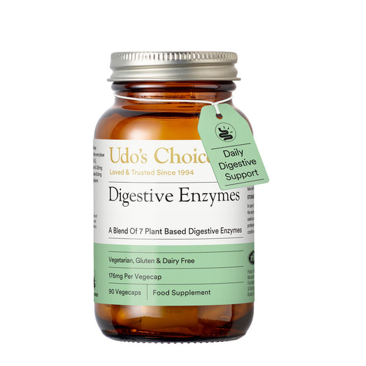 Udo's Choice Digestive Enzymes Supplement – UDO’s Choice Enzyme Blend – 7 Plant-Based Enzymes for Protein, Carb & Fat Digestion – Supports Nutrient Absorption – Gluten & Dairy Free – 90 Vegecaps – One a Day