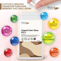 Troo Health Care Organic Lion's Mane Mushroom Complex 120 Capsules - 1500mg Lions Mane 30% Polysaccharides with Acerola Cherry Vitamin C & Black Pepper Extract Supplement - Made in United Kingdom