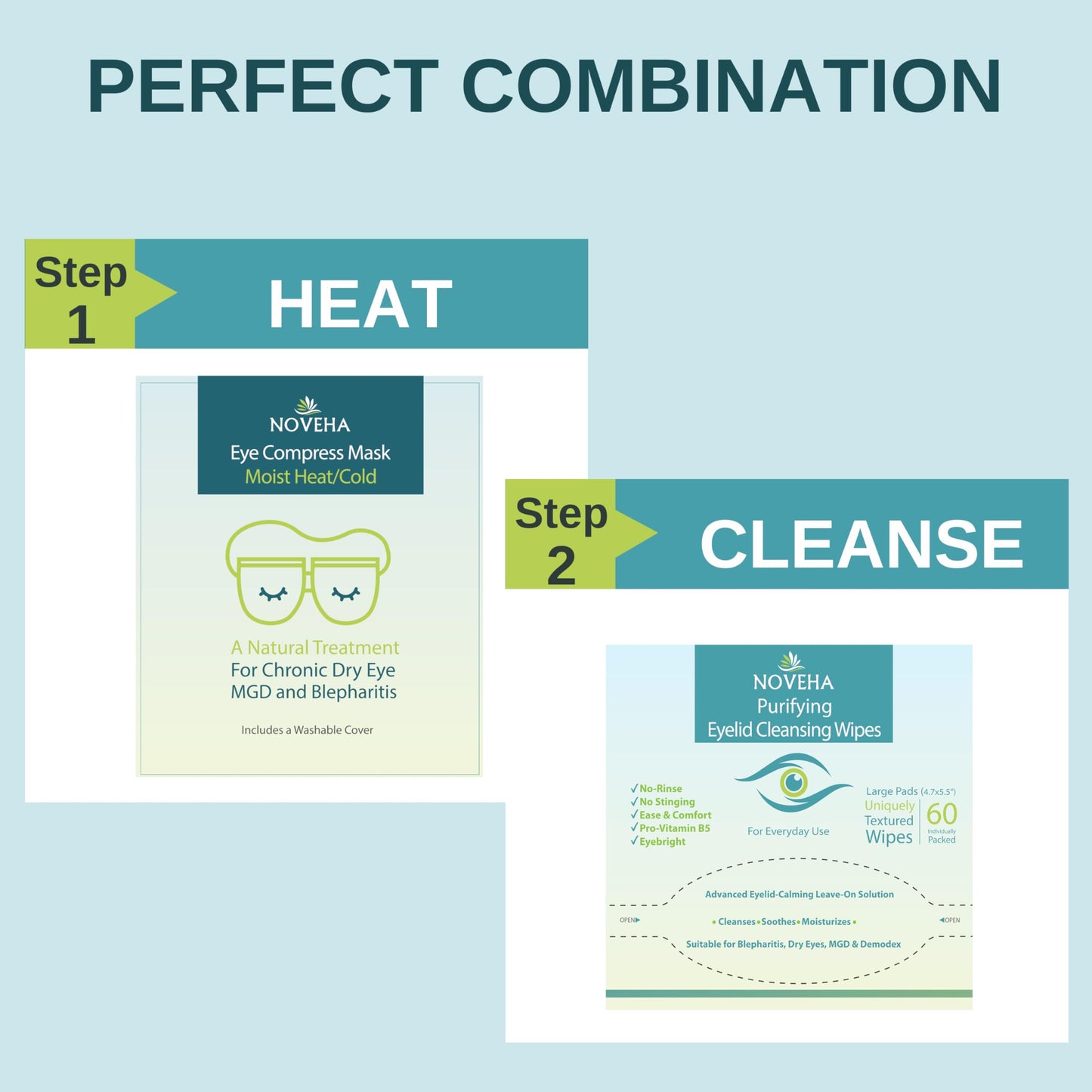 NOVEHA Antimicrobial Eyelid & Lash Wipes | For Itchy, Dry Eyes, Styes & Blepharitis, Gentle & Natural 0.02% Pure Hypochlorous Acid Cleansing Wipes, Hypoallergenic & Soothing For Sensitive Eyes, Pack of 60