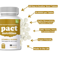 Pact Nutrition Vitamin A 10,000 IU – 365 Easy to Swallow Tablets (1 Year Supply) - High Strength Vitamin A Supplement for Normal Skin, Vision, Eyes & Immune System – Vegan