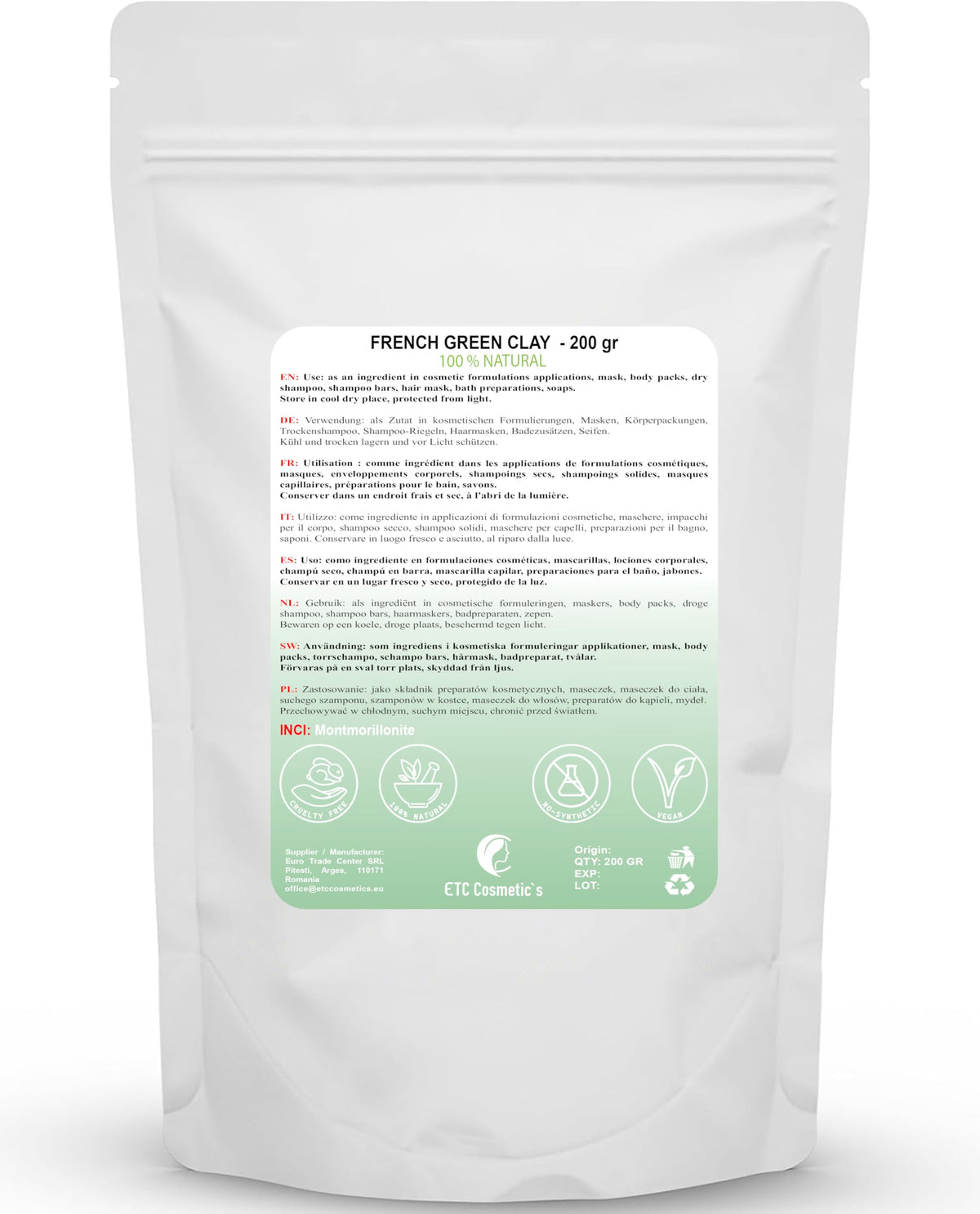ETC Cosmetic`s French green clay - 200 gr - DIY Face Masks, Body Mask, Hair Mask, Soft Peels and Scrubs, Soap Making, Anti-Ageing & Skin firming, Natural And Chemical Free