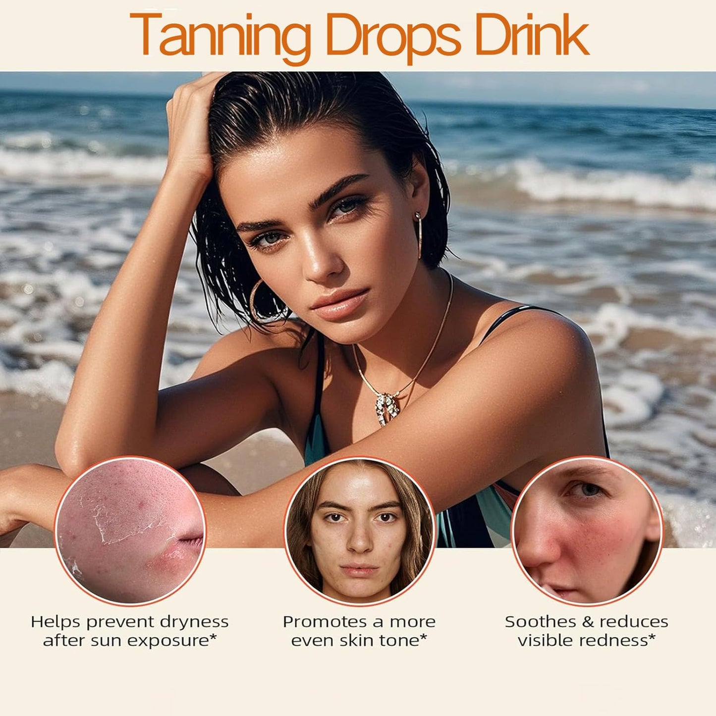 60ML Sunless Tanning Drops to Drink, Oral Tanning Drops, Drinkable Tanning Supplement with Natural Ingredients to Boost Melanin Naturally, Safe & Long-Lasting Enhances Natural Tan, for All Skin Types