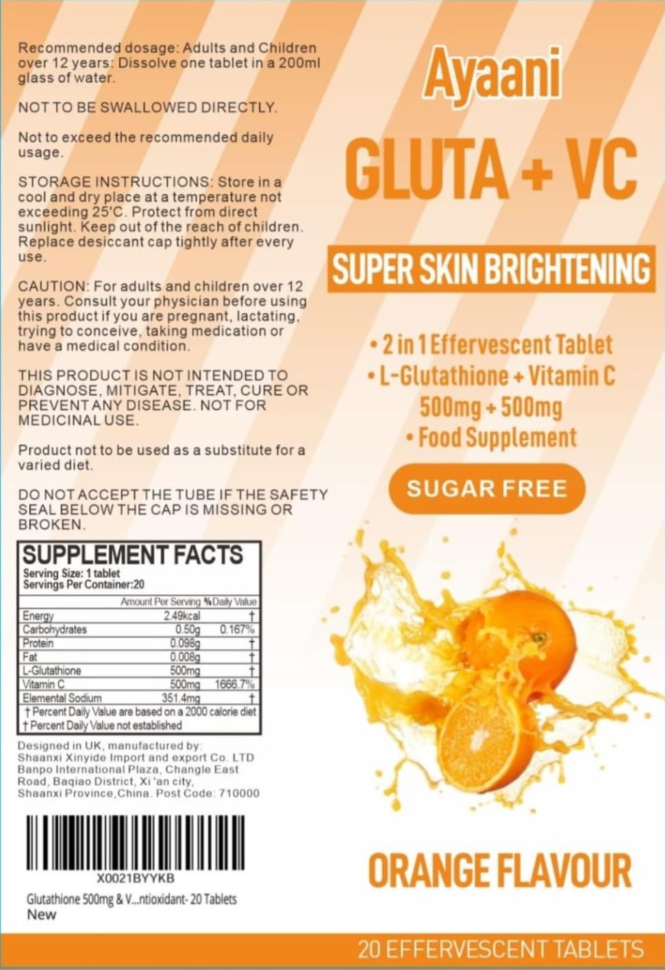 Premium Glutathione 500mg & Vitamin C 500mg Effervescent Tablets - Orange Flavour, Skin Brightening & Antioxidant Supplement, Vegan, Non-GMO - 20 Tablets by Ayaani
