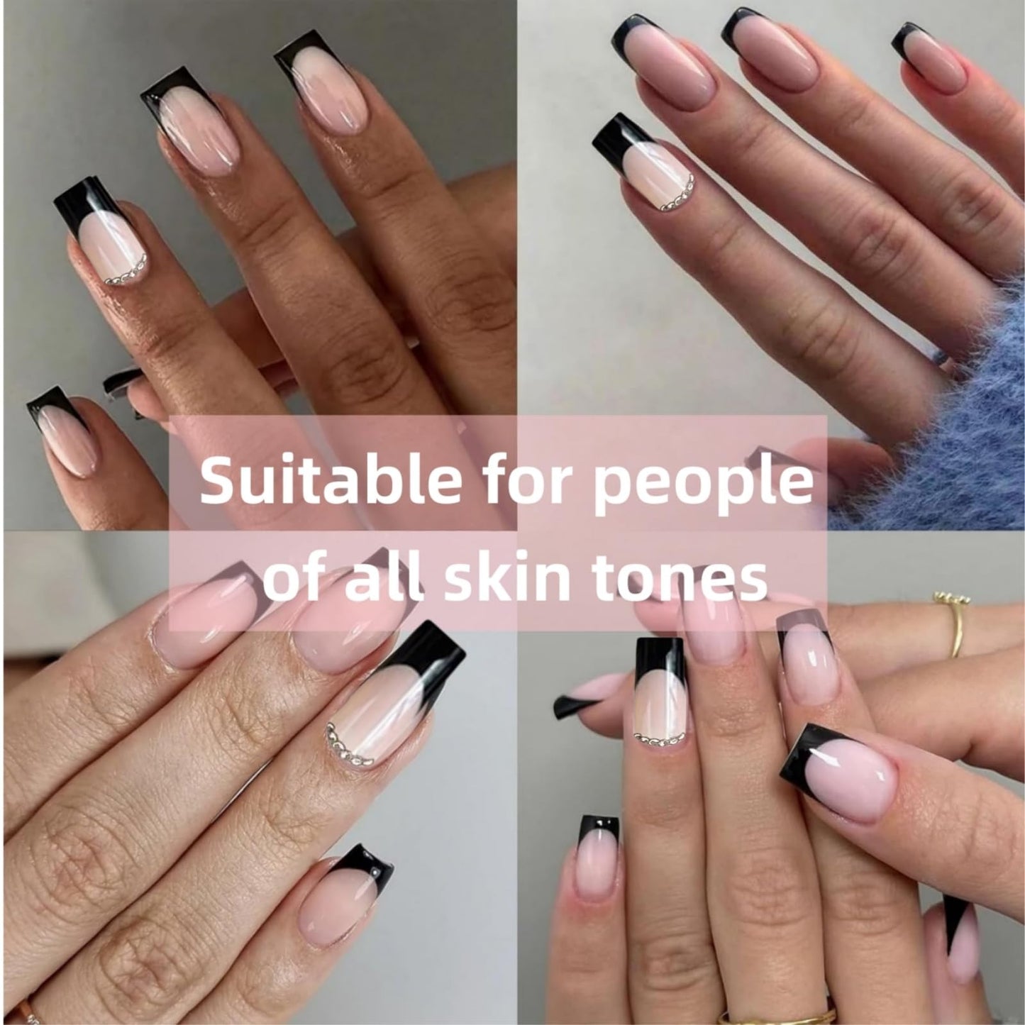 Yoowan 24pcs French Tip False Nails,Press On Nails Black,Black French Tip Na-Ils,Elegant,Black Square Stick On Na-Il,Suitable For Most Sizes,Sturdy,Durable,Reusable,For Women And Girls(With Jelly Gelatin)