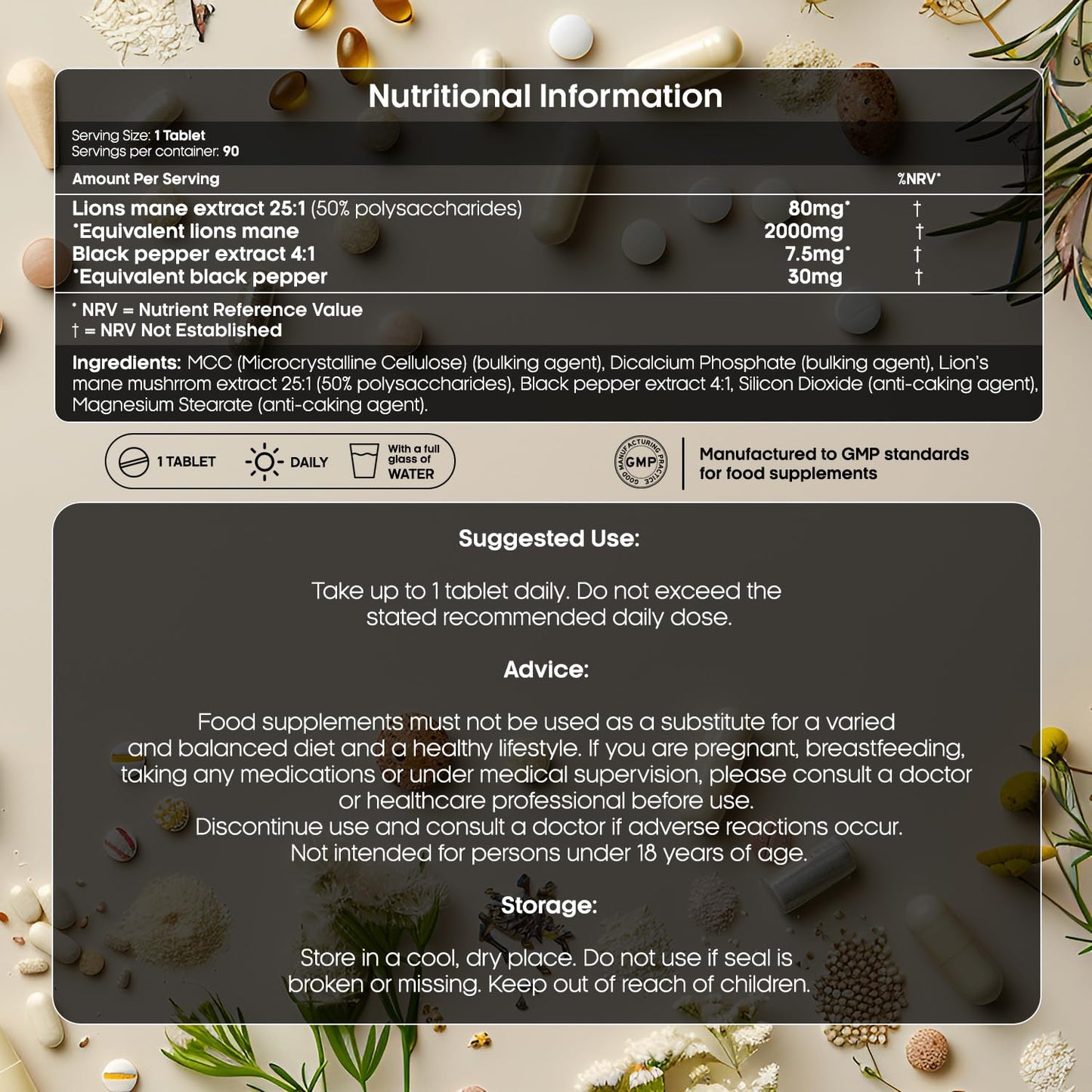 Gains Nutrition GN Lions Mane | 90 High Strength Lions Mane Supplement Tablets with Black Pepper - 2000mg Lion's Mane per Serving | Lions Mane Mushroom Supplement | Non-GMO, Gluten & Allergen Free | Made in The UK