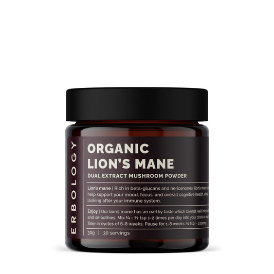 Erbology Organic Lion’s Mane Dual Extract Powder 30 Servings - 30% Beta-glucans and Erinacine A 1.6mg/g - Calm and Focus - Hericium Erinaceus - Sustainably Grown in Europe - Vegan - No Added Fillers
