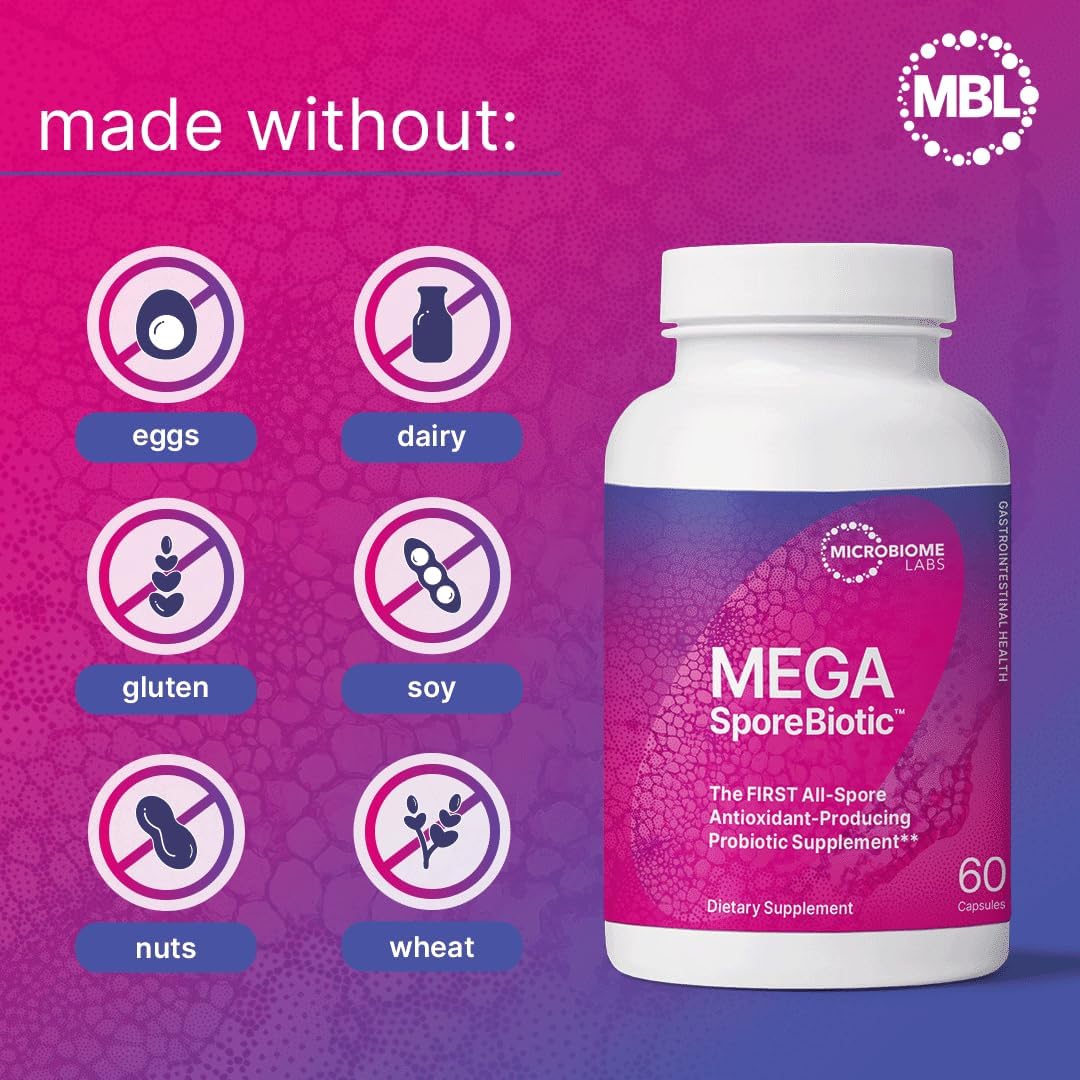 Microbiome Labs MegaSporeBiotic Spores Only Version - Spore Based Probiotic Active Bacteria Daily Supplement with 4 Bacillus Strains Gut Health Vegan (60 Capsules)