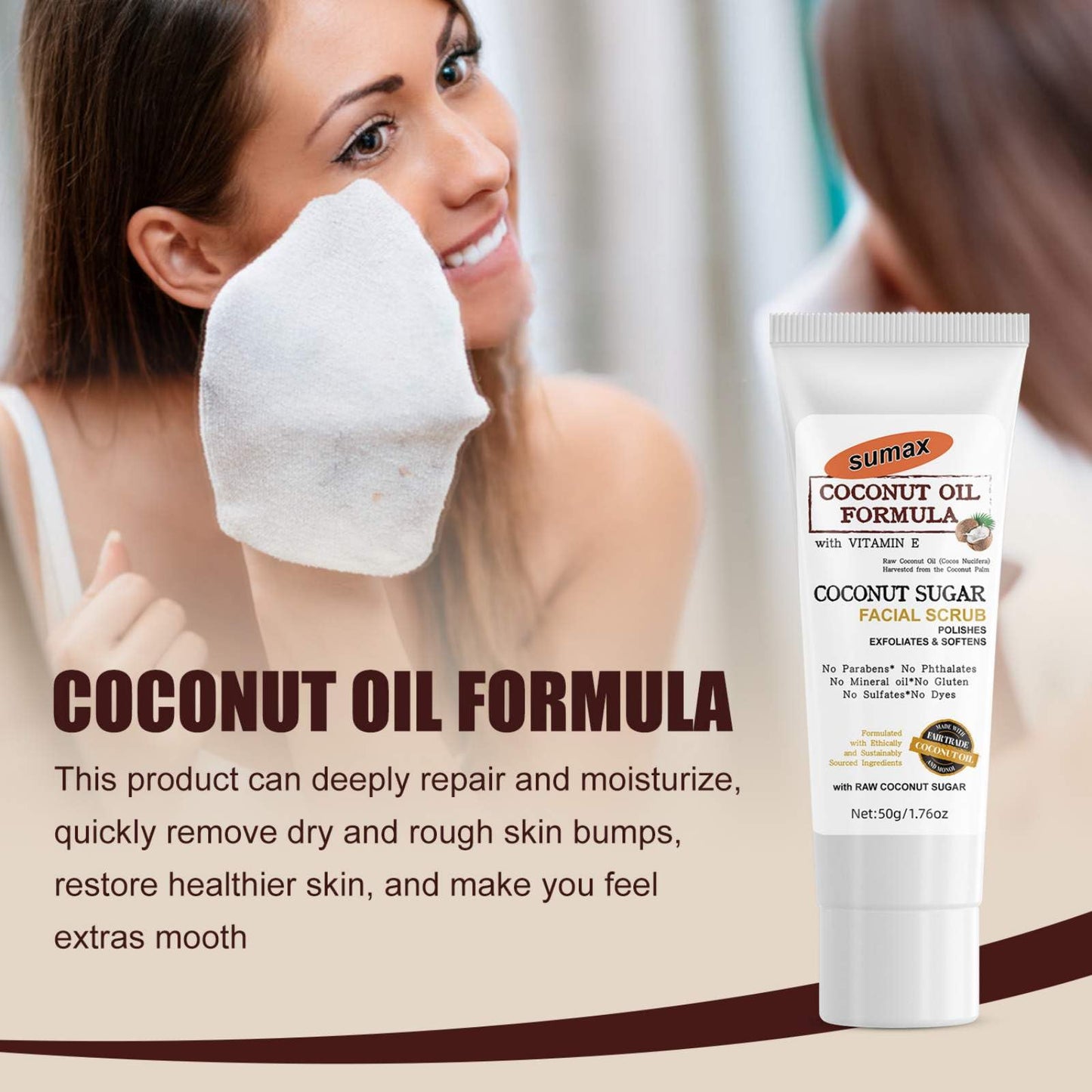 Grospe Coconut Oil Facial Scrub Exfoliator with Natural Essence Coconut Sugar Facial Scrub Gentle Cleansing Moisturising Rejuvenating Glowing Skin Coconut Oil Formula Face Scrub 50g