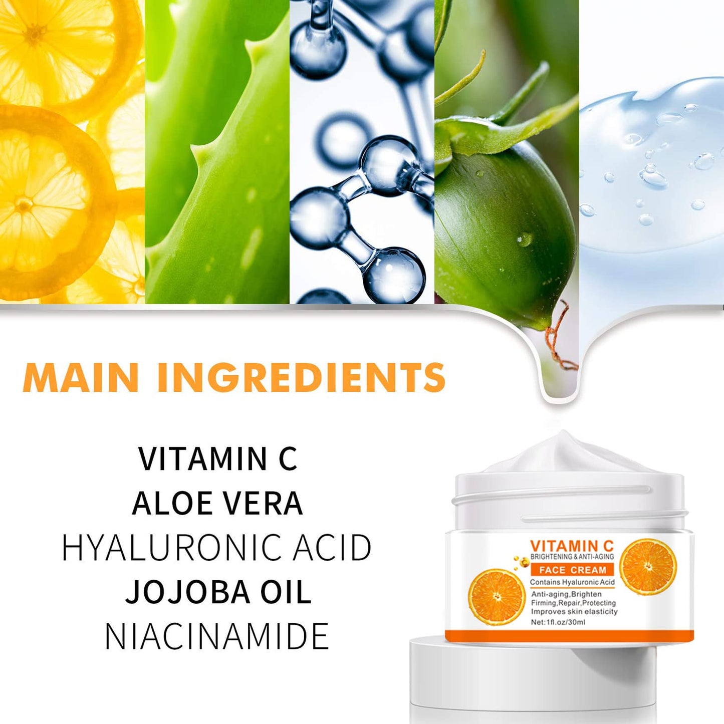 Vitamin C Face Cream, Vitamin C Cream with Hyaluronic Acid & Vitamin E, Anti Aging Vit C Serum Day & Night Face Cream for Women and Men, Boost Skin Collagen, Brighten Hydrate and Plump Skin