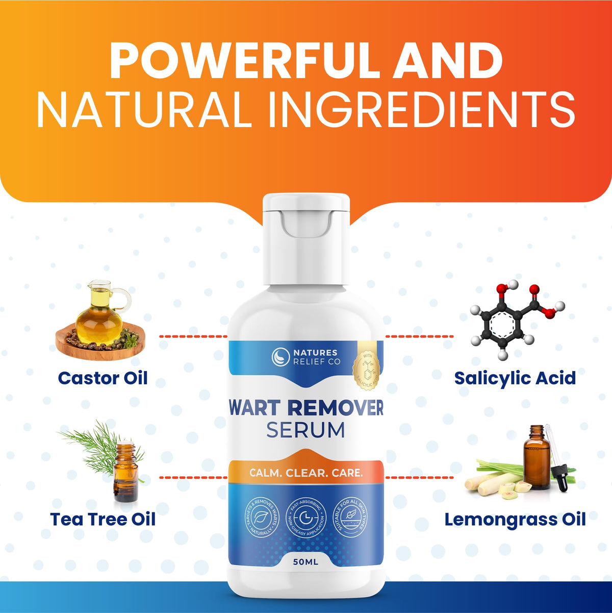 Natures Relief Co Wart Remover Treatment | Salicylic Acid Wart Treatment for Hands & Feet | Natural Wart Removal Serum with Tea Tree & Lemongrass Oil | Fast-Acting & Gentle Formula | 50ml | Travel Friendly