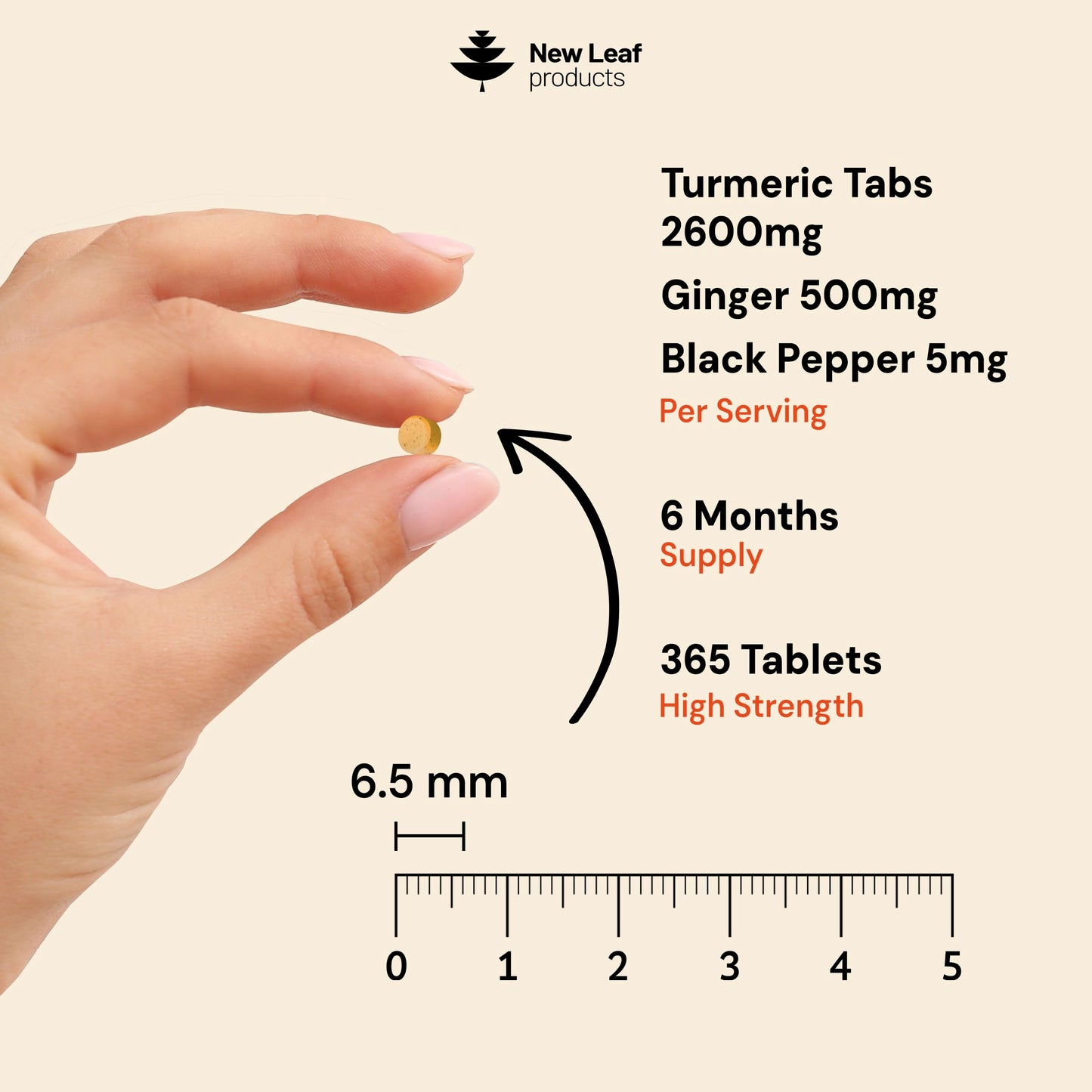 NEW LEAF PRODUCTS Turmeric Tablets 2600mg High Strength with Black Pepper & Ginger (6 Months Supply) Active 95% Turmeric Curcumin Supplements 365 Tablets Not Capsules, Vegan, UK Made by New Leaf