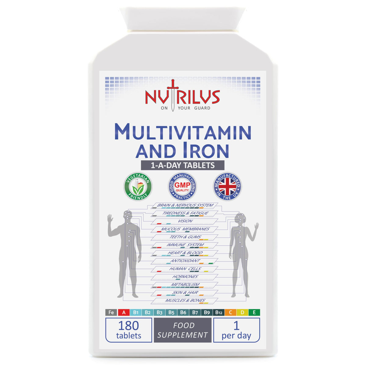 Nutrilus Multivitamin with Iron 180 Daily Tablets - High Strength Supplement - Vitamins A B C D E & Iron - Immune, Energy, Nervous System