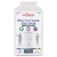 Nutrilus Multivitamin with Iron 180 Daily Tablets - High Strength Supplement - Vitamins A B C D E & Iron - Immune, Energy, Nervous System