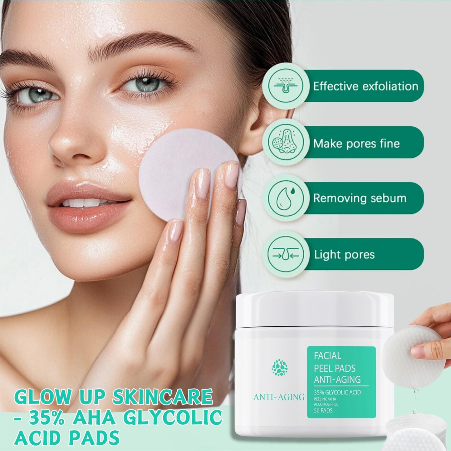 Trendyfave 50 Pads Anti-Aging Glycolic Acid Resurfacing Pads 35%, Glycolic Acid Pads for Face and Body, Exfoliating Face Pads with Vitamins B5, C & E, Green Tea, Glycolic Acid Face Wash for Cleansing Peeling
