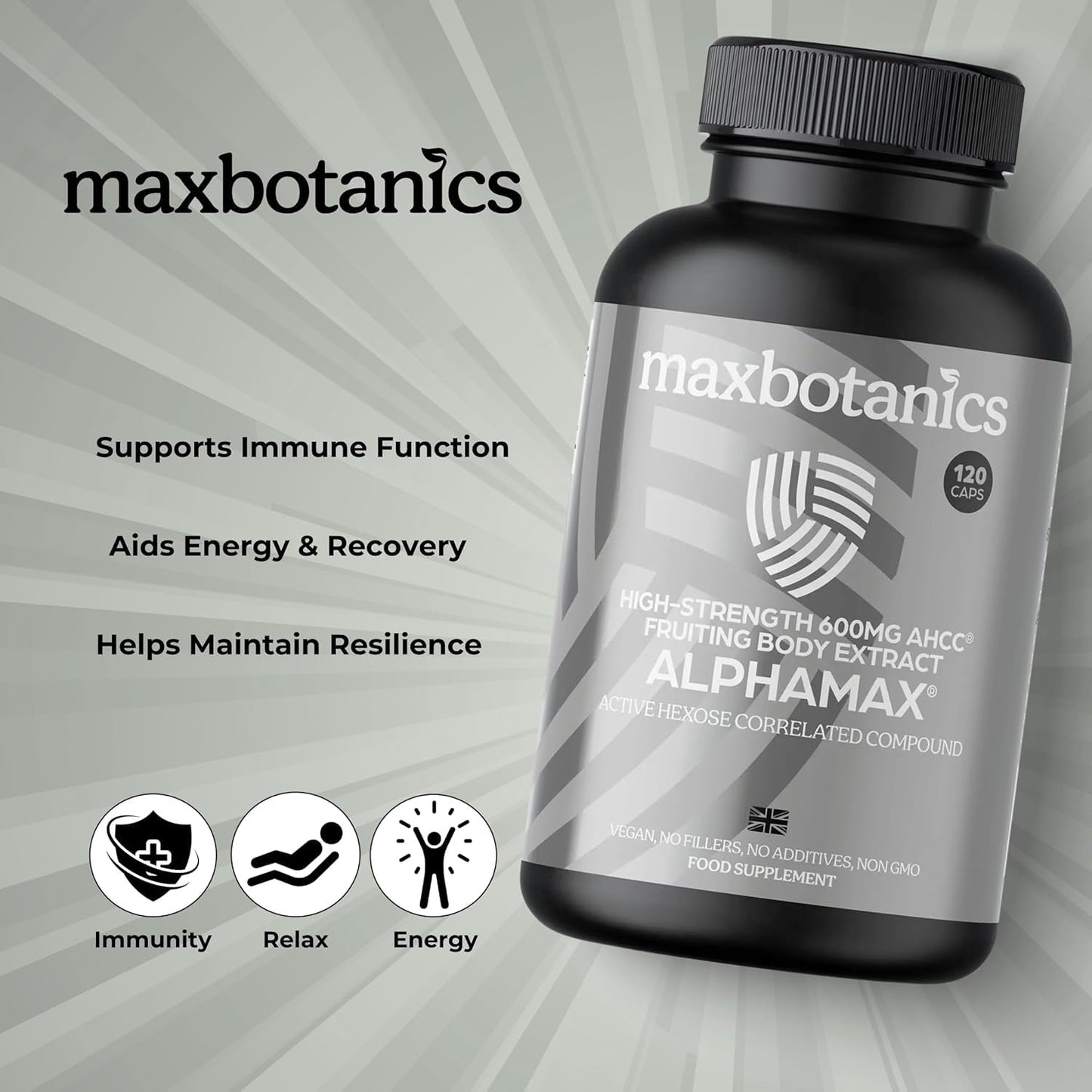 Max Botanics ALPHAMAX® Cellular Health, Natural Defence & Vitatlity Active Hexose Correlated Compound High Strenth AHCC Supplements 600mg Shiitake Mushroom Extract Vegan 120 Capsules UK Made
