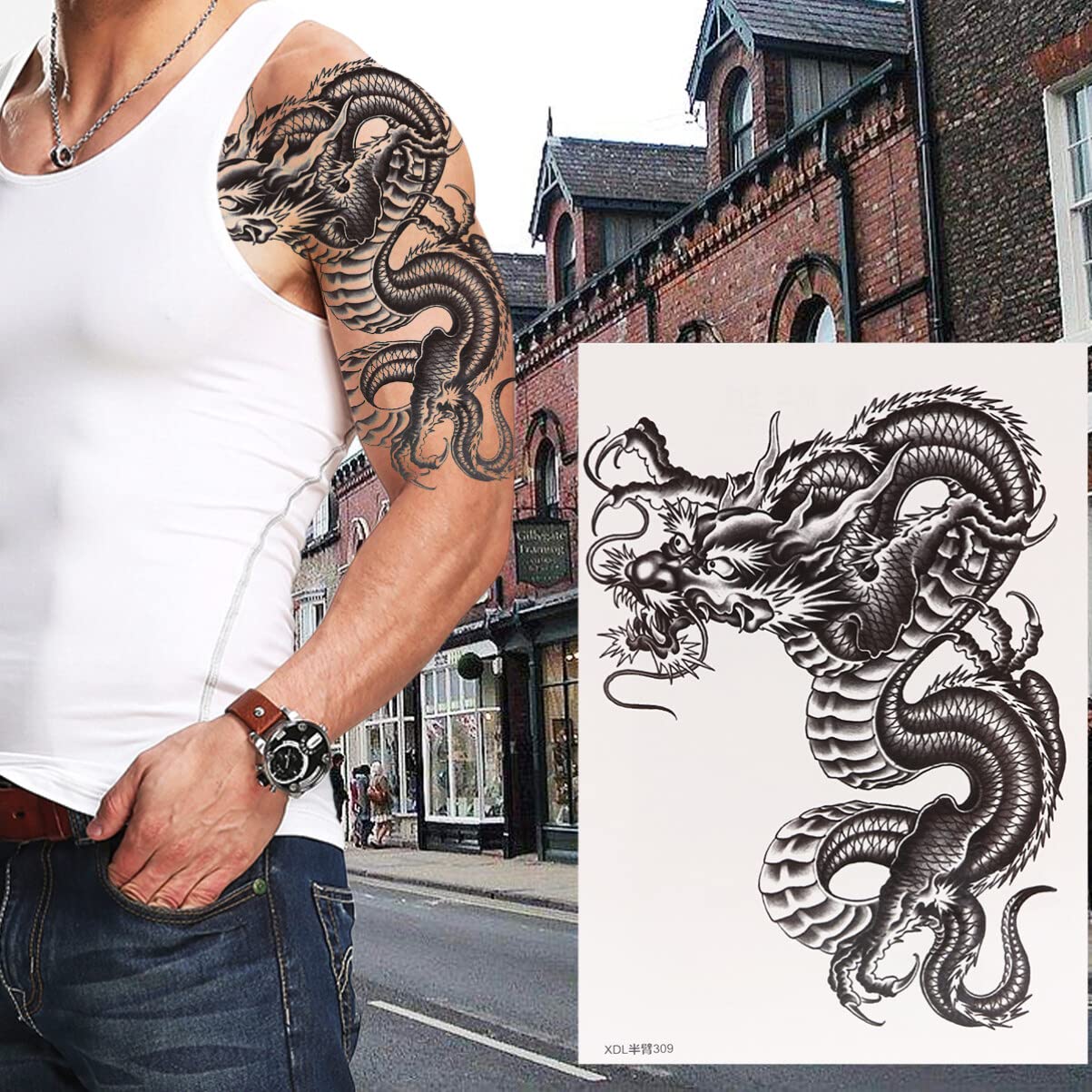 ULTNICE Large Large Temporary Arm Tattoo Stickers Waterproof Dragon Sleeve Transfers for Men Women Scar Cover Body Art 21X15cm