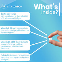 VL Vita London Iron Tablets | Gentle Iron Supplements for Women & Men | 360 Gentle Iron 14mg Tablets High Strength | Added Vitamin C, B12, B6 + Folic Acid | UK Made, Vegan