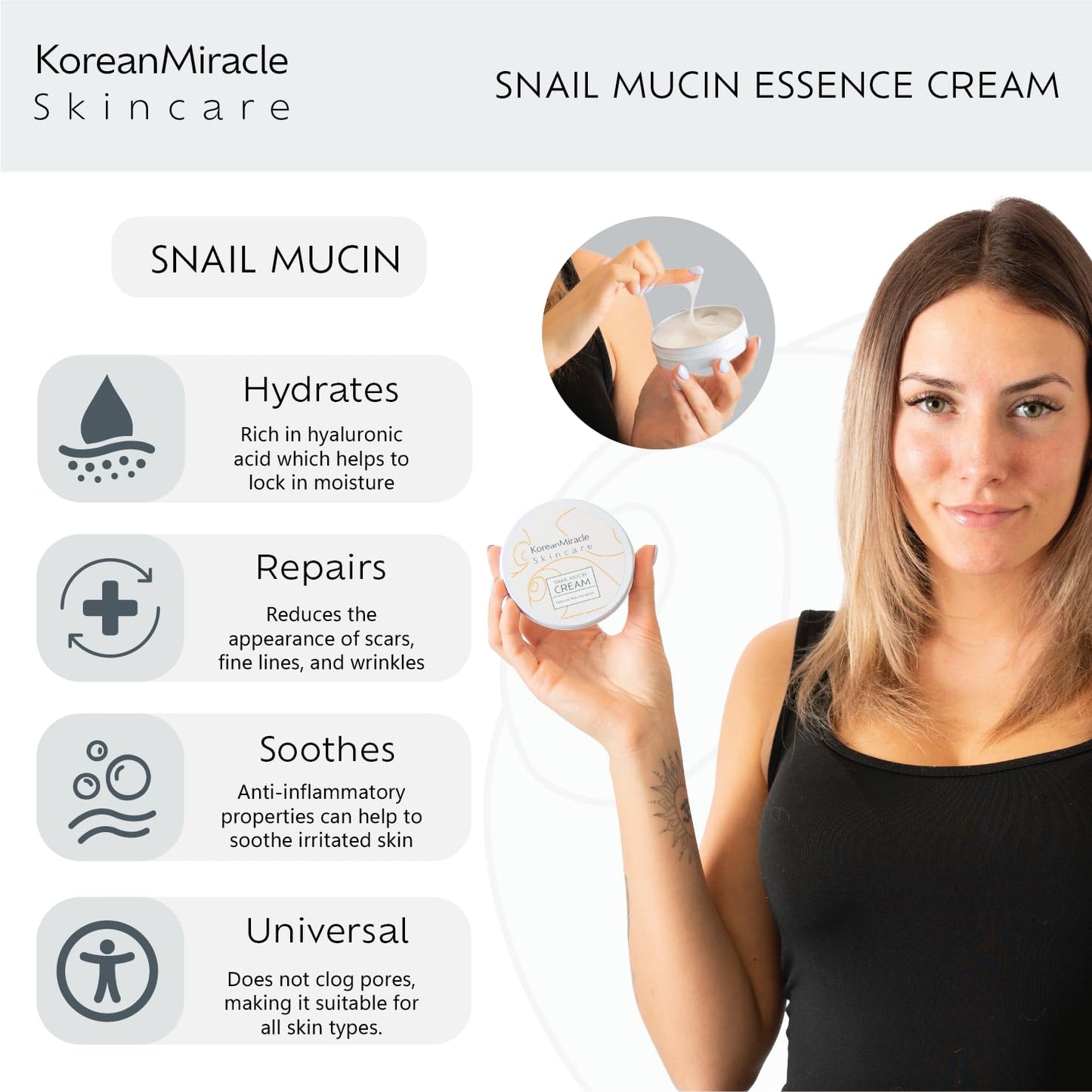 KoreanMiracle Skincare Premium Snail Mucin Essence Cream & Hyaluronic Acid - All In One Advanced Skin Repair, Deep Hydration, Blemish & Fine Line Removal - Snail Secretion Filtrate - Korean Inspired - UK Based Brand