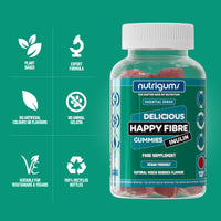 Nutrigums Happy Fibre (Inulin) Chicory Root Prebiotic Gummy | 3.8g Fibre | Mixed Berry Flavour | 60 Vegan Gummies | No Added Sugar | Gut Health and Digestive System Support by NUTRIGUMS®