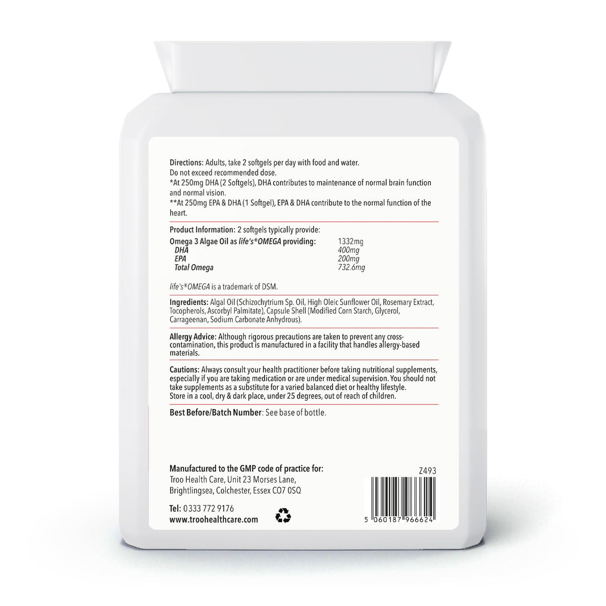 Troo Health Care Vegan Omega 3 Algal Oil 1332mg Per Serving - Provides 732mg Omegas Including a Minimum of 400mg DHA & 200mg EPA - Sustainable Plant Source Omega Oil Softgels - 90 Capsules - UK Made