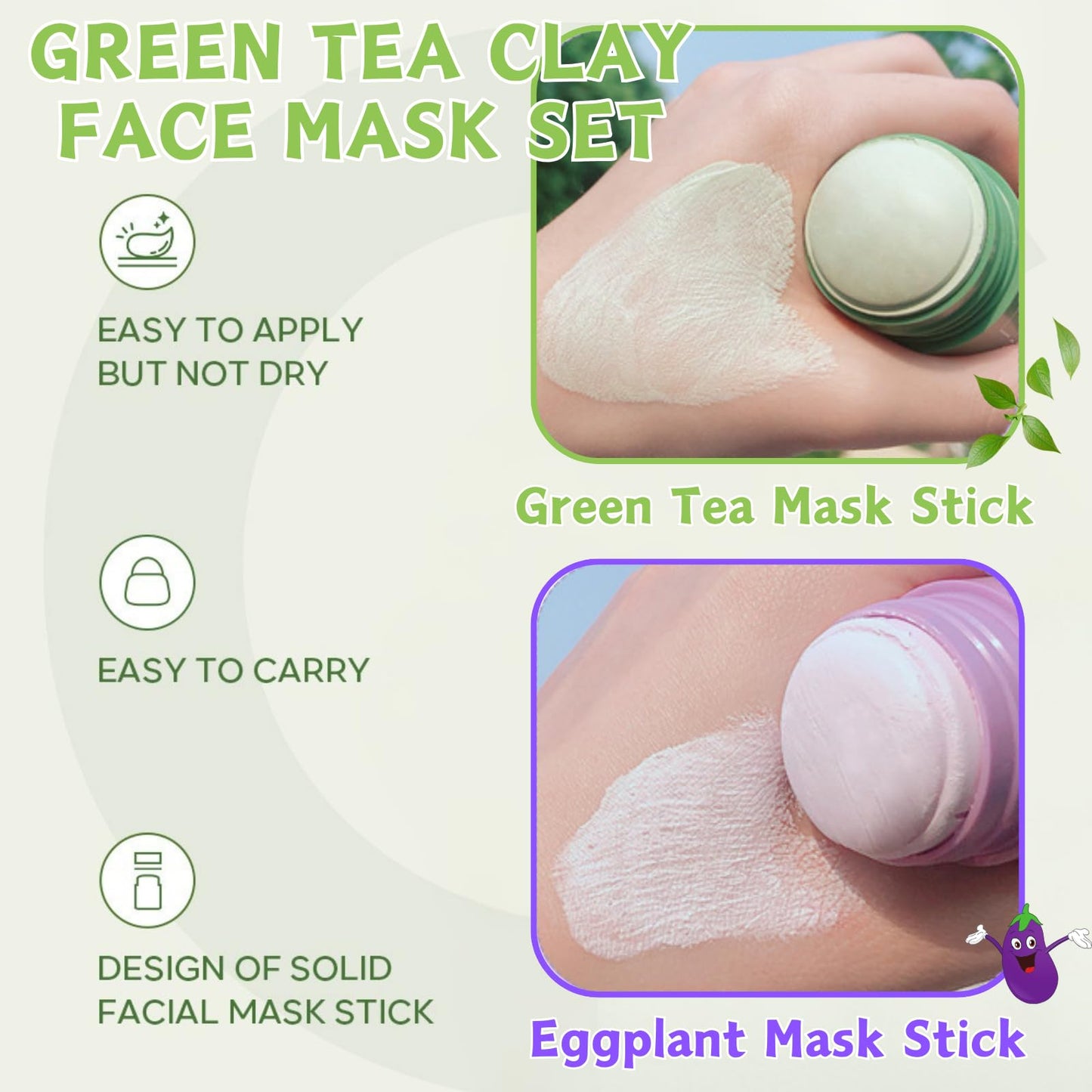 Trendyfave 2-in-1 Green Tea Mask Stick, Green Tea Deep Cleanse Mask, Blackhead Remover - Deep Cleansing Pore Refining for Oily & Acne-Prone Skin, Natural Antioxidant Skincare with Vitamin E & Plant Extracts 3Pcs