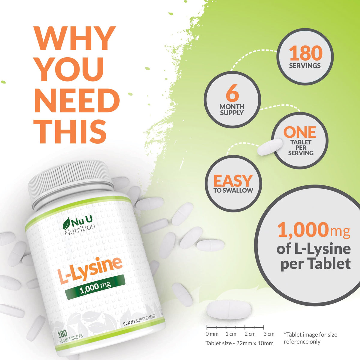 L-Lysine 1000mg High Strength - 180 Vegan Tablets - 6 Month Supply - Essential Amino Acid - Made in The UK - Nu U Nutrition