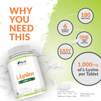 L-Lysine 1000mg High Strength - 180 Vegan Tablets - 6 Month Supply - Essential Amino Acid - Made in The UK - Nu U Nutrition