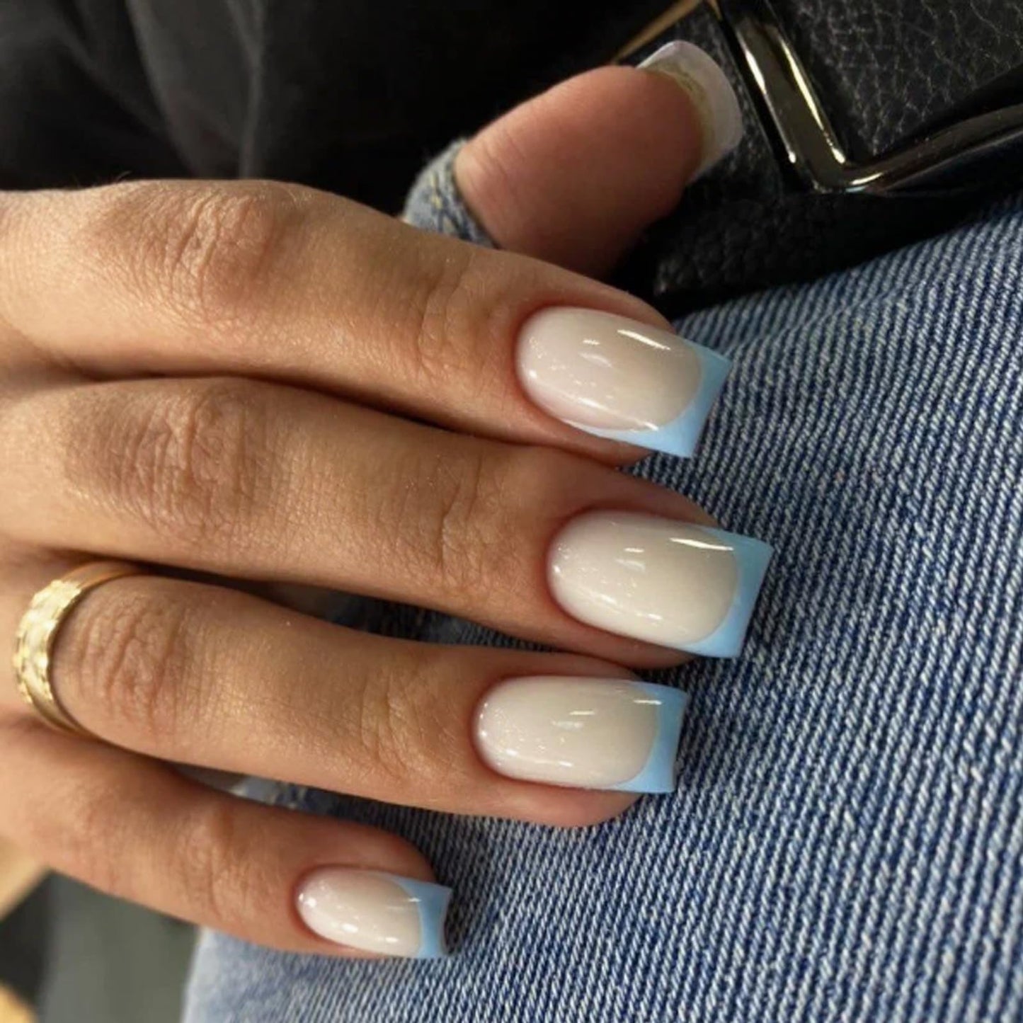 NLFOX French False Nails - 24pcs Square Short Fake Nails - Baby Blue Elegant Press on Nails French Tip - Glossy Glue on nails - Full Cover,12 Sizes Reusable Acrylic Nail for Women Girls