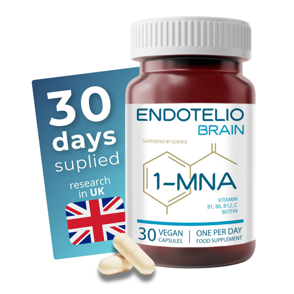 ENDOTELIO Endotelio 1-MNA Brain, Nootropic NAD Supplement with Ginkgo Biloba, Zinc & Biotin, NMN Alternative, Memory, Focus & Cognitive Function, Anti Ageing Brain Support, 30 Capsules