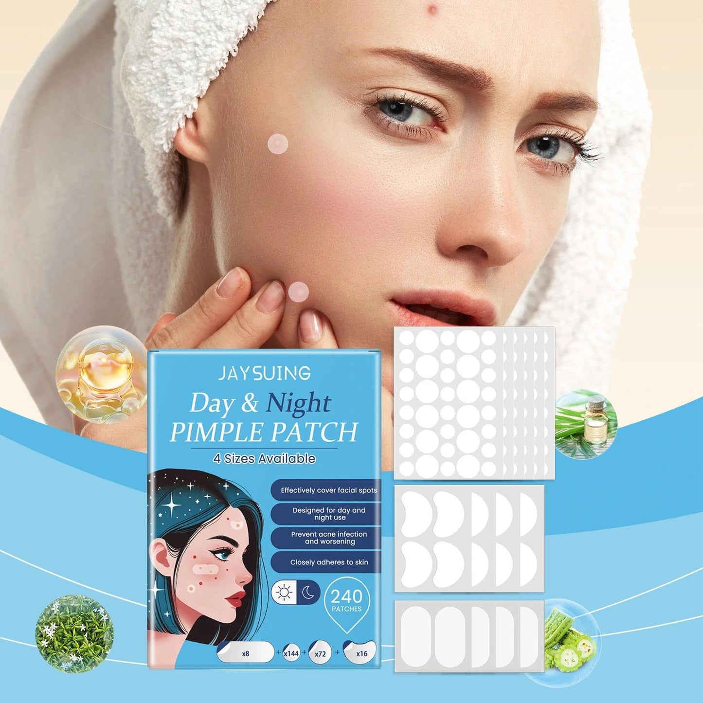EveBeaty 240 Pcs Large Hydrocolloid Acne Patches with Tea Tree Oil, 4 Sizes & Shapes for Face, Large Pimple Patches, Chin, Body & Nose | Fleck Spot Treatment Stickers