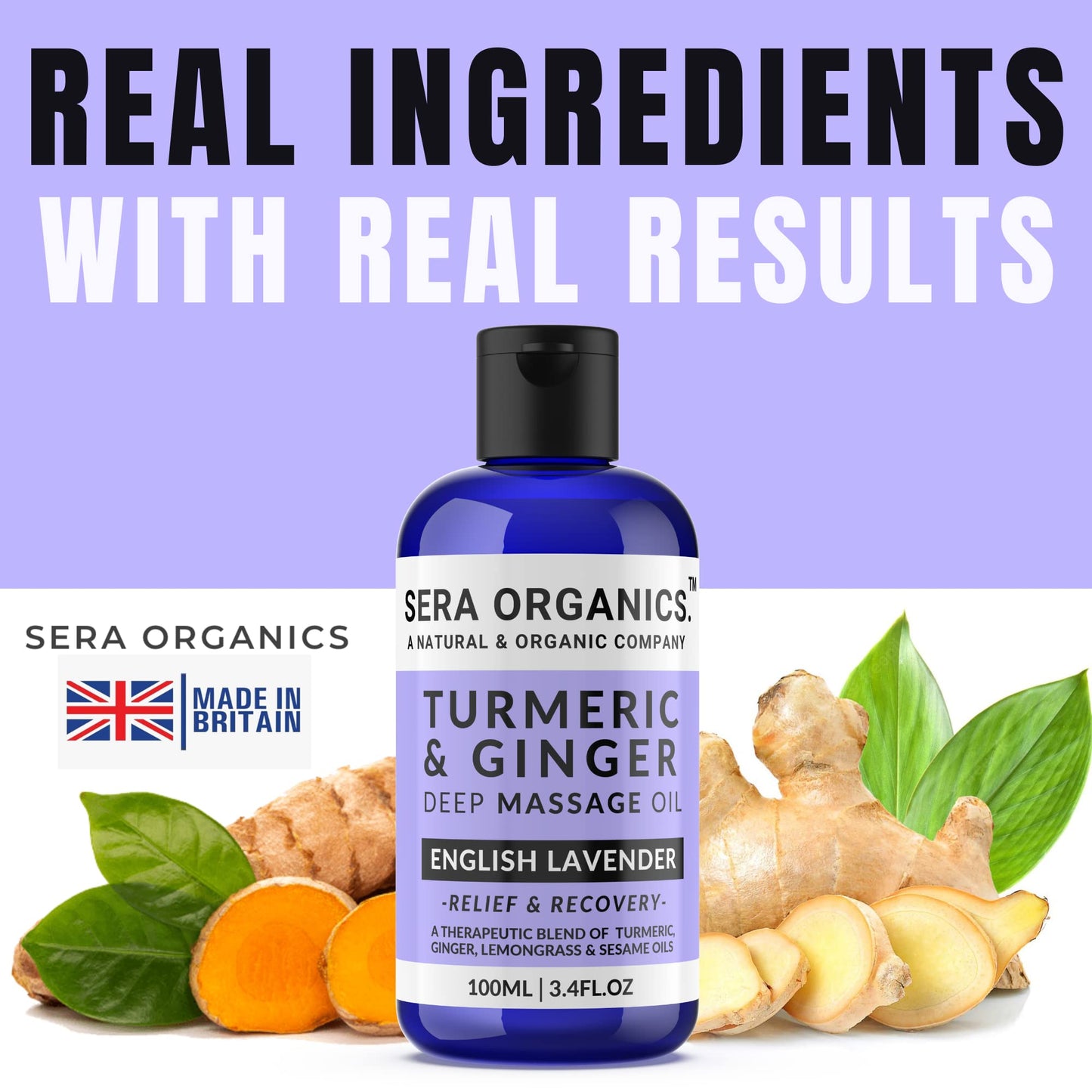 Turmeric & Ginger Massage Oil - Natural Ginger Oil Therapy For Lymphatic Drainage, Nerve, Muscle & Joint Discomfort Relief, Warming Relaxing & Soothing Massage - With Lavender (100ml) By Sera Organics