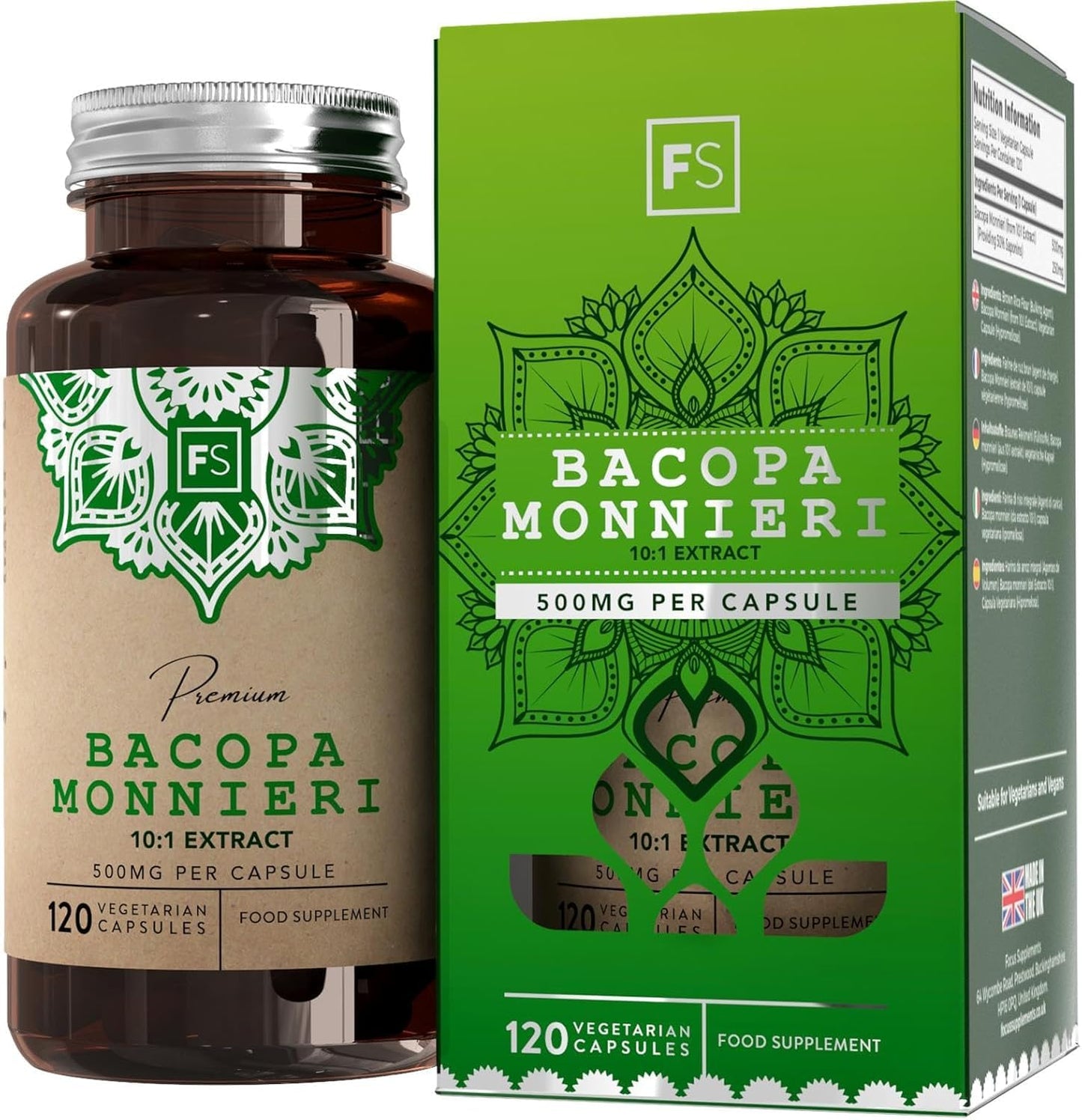 Focus FS Bacopa Monnieri | 120 Brahmi Capsules - 500mg Bacopa Per Serving | Vegan Brahmi Powder Monnieri Capsules | Non-GMO, Gluten & Allergen Free | Manufactured in The UK