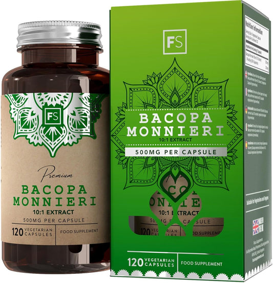 Focus FS Bacopa Monnieri | 120 Brahmi Capsules - 500mg Bacopa Per Serving | Vegan Brahmi Powder Monnieri Capsules | Non-GMO, Gluten & Allergen Free | Manufactured in The UK