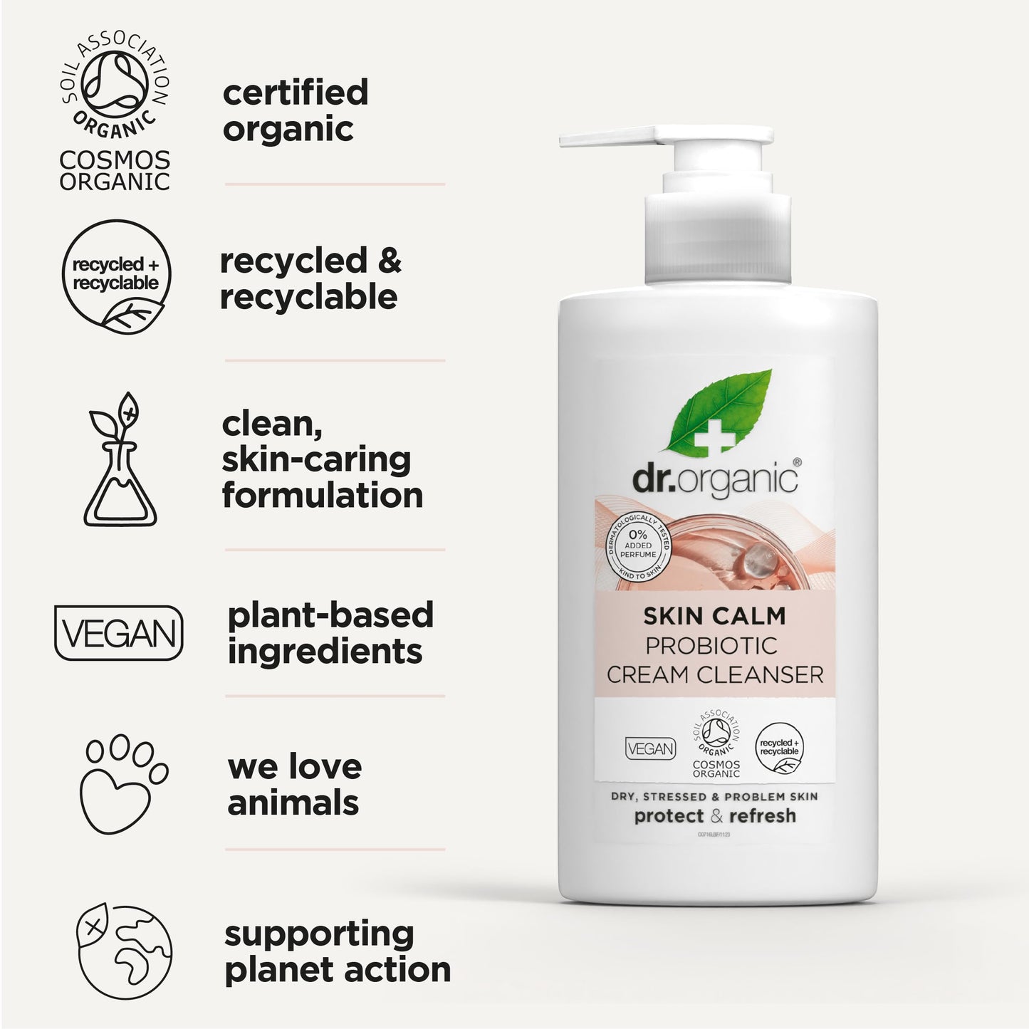 DR ORGANIC Dr Organic Skin Calm Probiotic Cream Cleanser, For Redness, Dry, Sensitive & Irritable Skin, Gentle Cleansing, Dermatologically Tested, Vegan, Cruelty Free, Paraben & SLS Free, Certified Organic,150ml