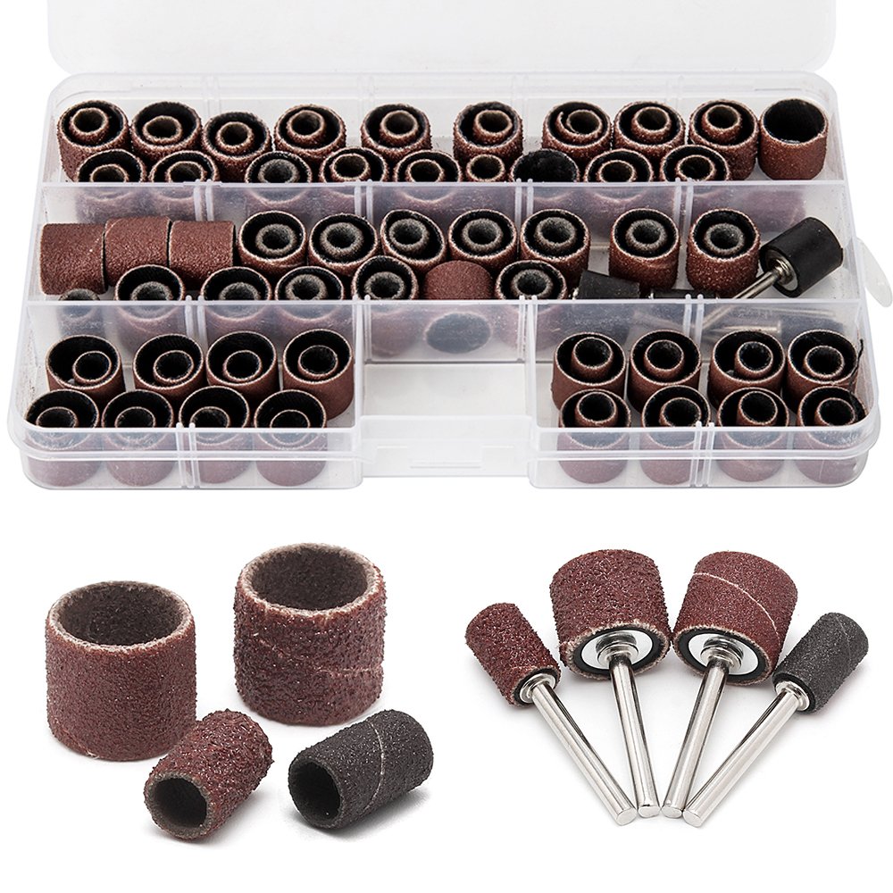 Littleduckling 104Pcs Sanding Band Drum Sleeve 60 120 320 Grit 1/4" 1/2" Nail Drill Sander with 4 Drum Mandrel for Dremel Rotary Tool