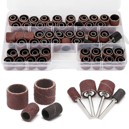 Littleduckling 104Pcs Sanding Band Drum Sleeve 60 120 320 Grit 1/4" 1/2" Nail Drill Sander with 4 Drum Mandrel for Dremel Rotary Tool