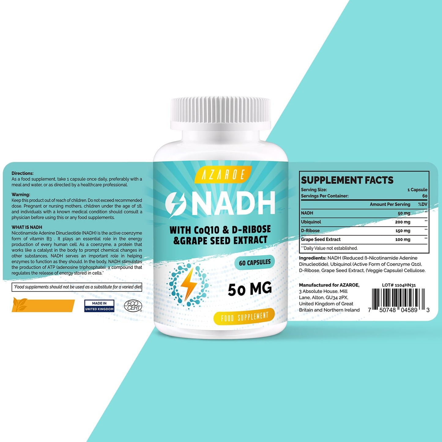 NADH 50mg Maximum Strength NADH - Energy Booster, NAD+ Supplement, Active Form of Vitamin B3, 2 Months Supply, 60 Count (Pack of 1)