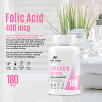 Folic Acid 400 mcg Vitamin B9 Pregnancy Care Maternal Tissue Growth During Immune System Support Energy Production Women Health 180 Vegan Tablets