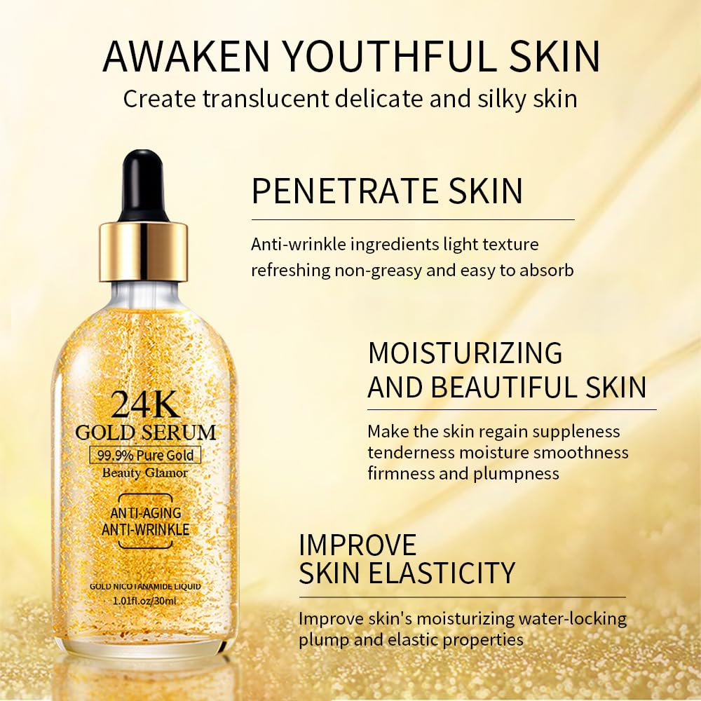 KlsyChry 24k Gold Serum for Face, Skin Moisturizing Anti-Aging Anti-Redness Acne Treatment Essence Cream for Dark Spots & Fine Lines, Skin Care Gold Essence Nicotinamide Serum (30ml)
