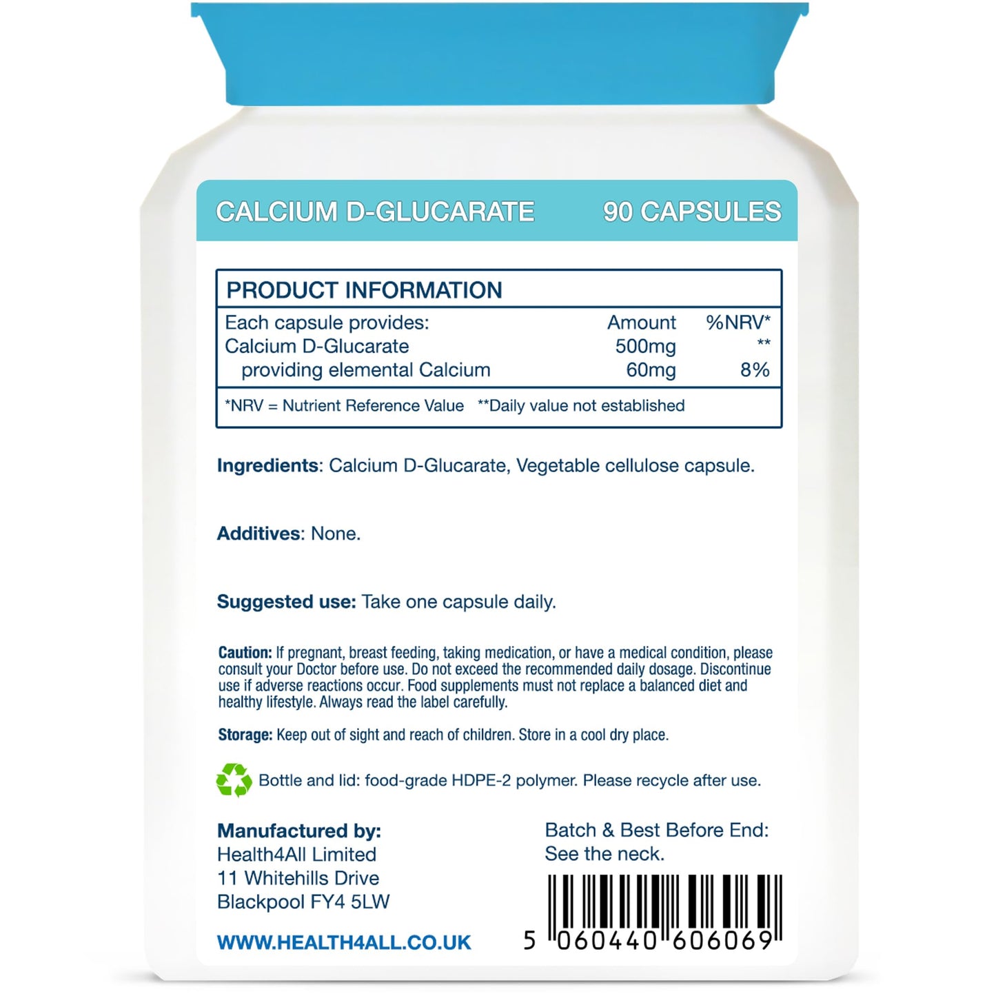 Health4All Calcium D-Glucarate 500mg - Oestrogen Supplements for Women and Men - Hormone Balance Support - 90 Vegan Capsules