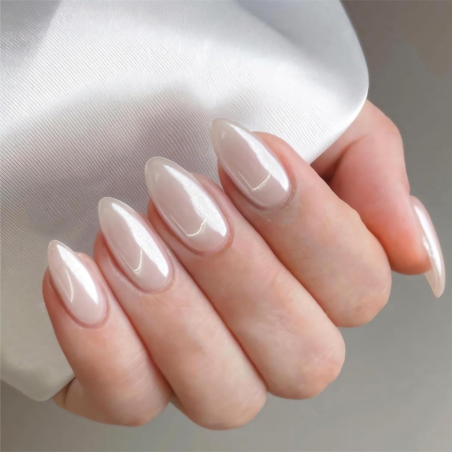 Chrome White False Nails Almond, SXVME Chrome Press On Nails Medium, Glazed Gel Fake Nails Press on Medium Stiletto, Glitter Shine Glue on Nails for Women Daily & Party Wear