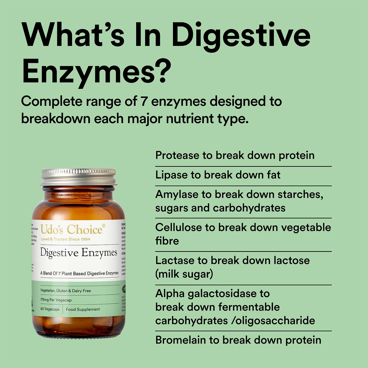 Udo's Choice Digestive Enzymes Supplement – UDO’s Choice Enzyme Blend – 7 Plant-Based Enzymes for Protein, Carb & Fat Digestion – Supports Nutrient Absorption – Gluten & Dairy Free – 60 Vegecaps – One a Day