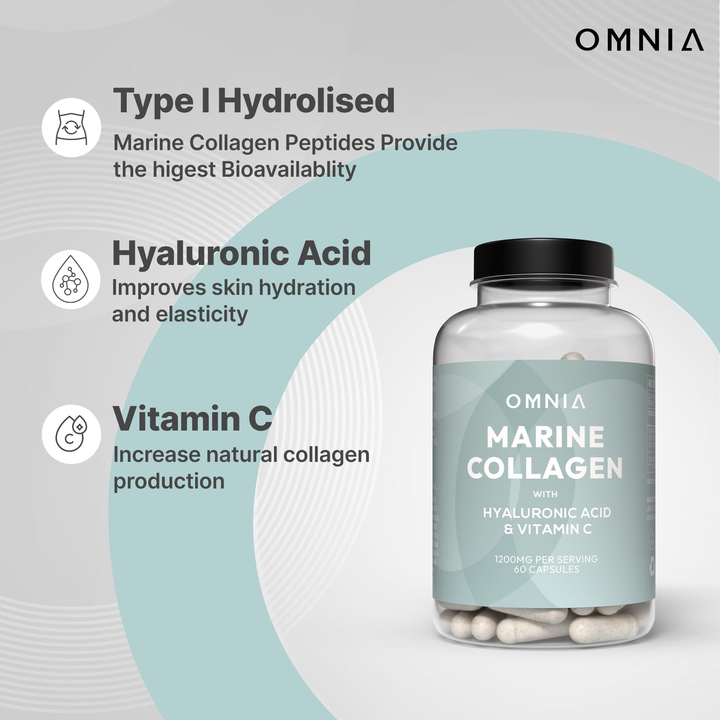 OMNIA Omnia Marine Collagen Capsules 1200mg - High Potency Skin, Hair & Nail Health Formula for Women & Men - with Type I Collagen, Hyaluronic Acid & Vitamin C - 60 Capsules - UK Made