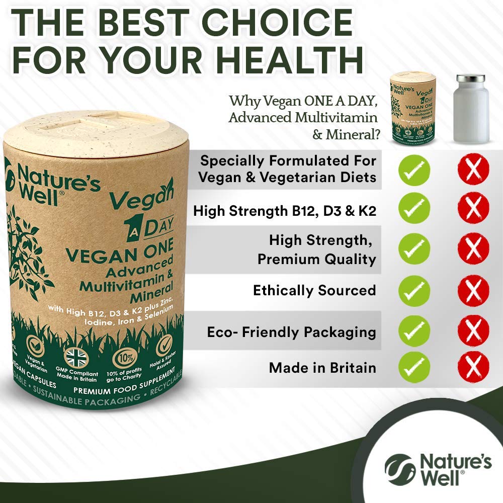 Nature's Well Vegan Multivitamins & Minerals with High Strength B12, D3 & K2, 90 Capsules – UK Made by Nature’s Well, Designed for Vegans & Vegetarians. - Pot