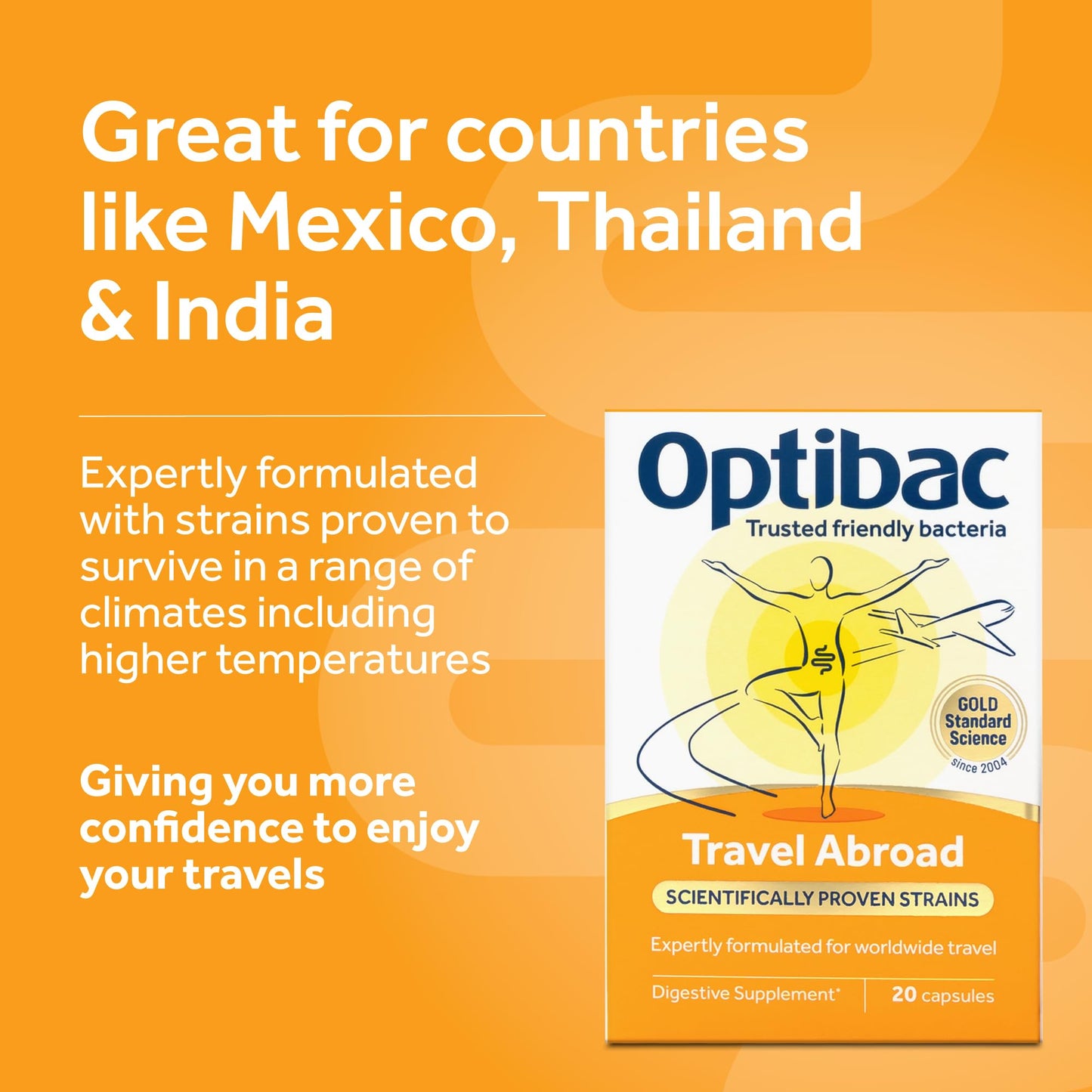 Optibac Probiotics Travel Abroad - Vegan Travel Probiotics - Digestive Supplement with Saccharomyces Boulardii, Lactobacillus & Bifidobacterium - Most Trusted & Recommended Brand - 20 Capsules