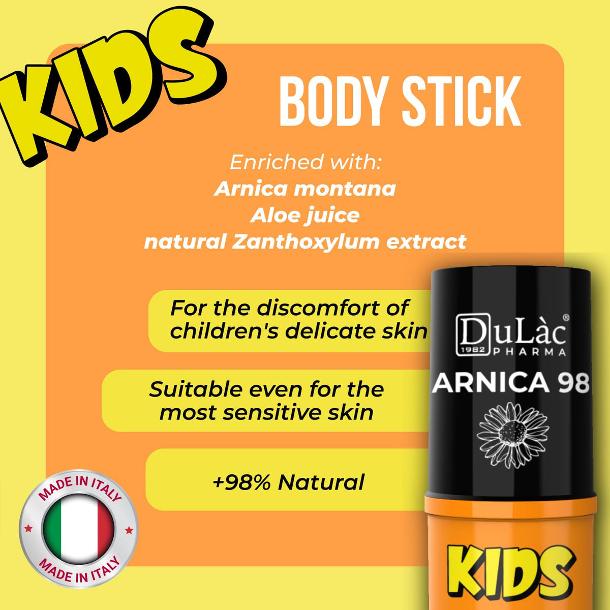 DULÀC FARMACEUTICI 1982 Dulàc - Arnica Stick Kids Body Relief 15 ml, 99% Natural Arnica Cream for Children 6+ Months, Balm for Bruises and Swelling, 70% Arnica Salve Enriched with Aloe, Nickel Tested, Pocket Size