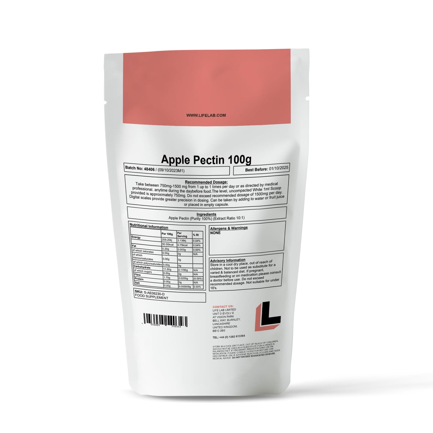 Blackburn Distributions LifeLab Supplements Apple Pectin Powder, 100g - High Fiber Source, Digestive Support, Immune Boost - May Helps to Nourish Your Body Naturally