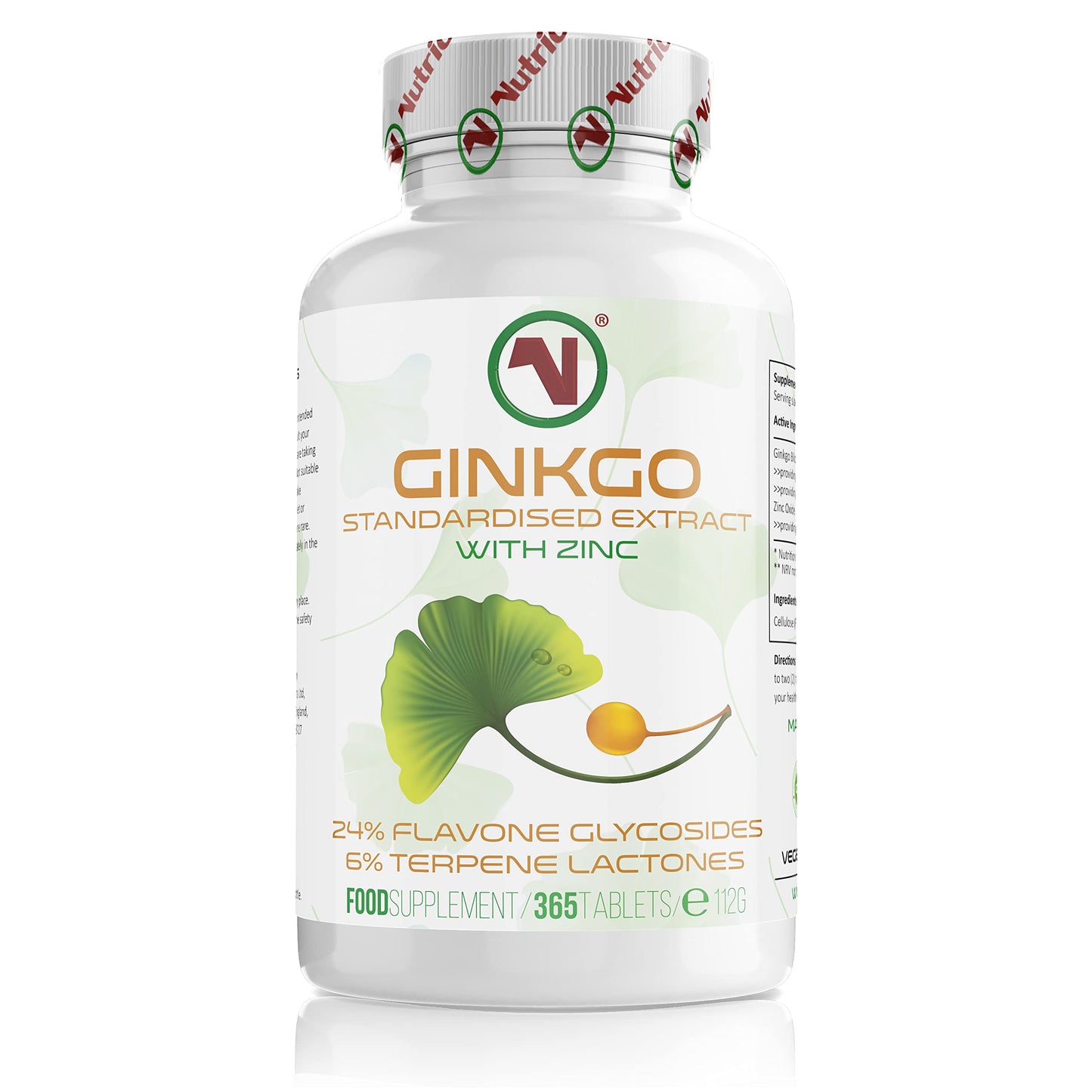 Nutriodol Ginkgo Biloba Leaf Extract | Small, Easy To Swallow Tablets | Added Zinc To Boost Cognitive Functions | 24% Flavone Glycosides 6% Lactones | Suitable for Vegans (365 x Ginkgo Biloba Tablets)